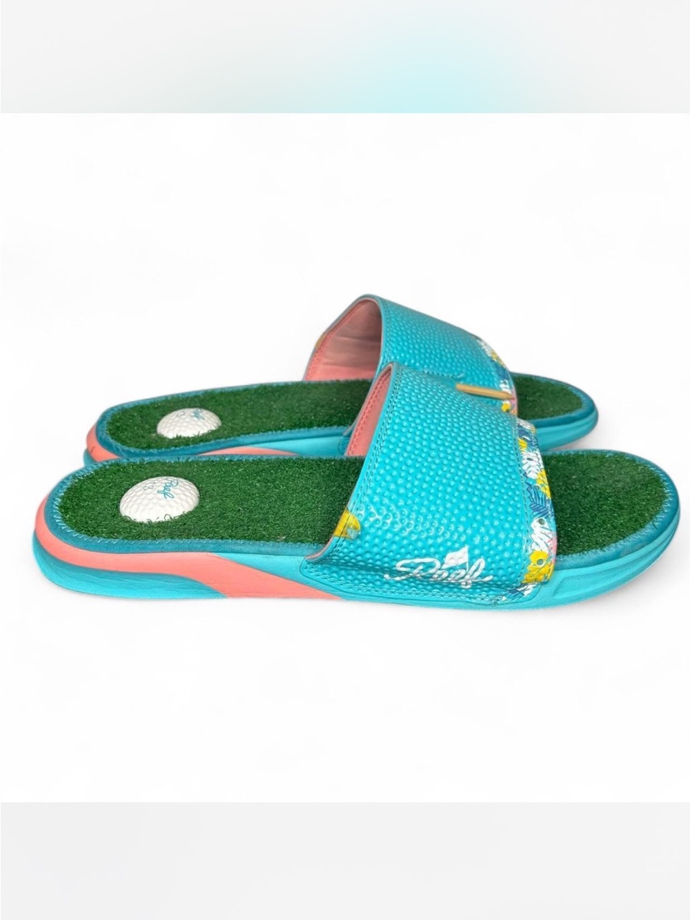Reef Mulligan Golf Slide Sandals Size US 13 Blue with Floral Trim and Golf Ball - Picture 5 of 8
